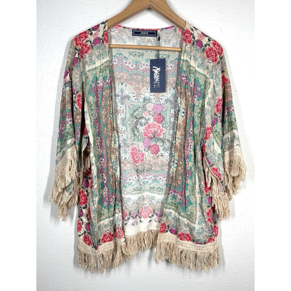 NWT Highness Open Kimono‎ Cardigan Berry Rose Floral With Tassels Boho Festival